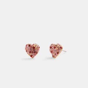 Coach Pave Heart Stud Earrings Kadın Takı Altın Pembe Renkli | 42365WIVN