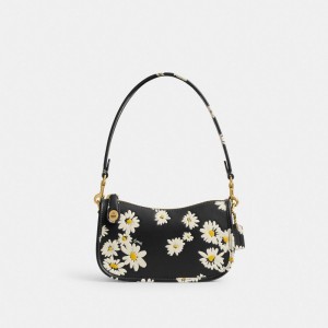 Coach Swinger Bag 20 With Floral Print Kadın Omuz Çantası Siyah Renkli | 70148PXRY